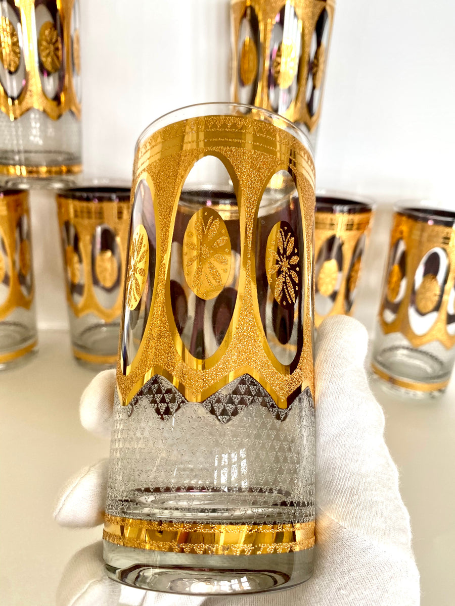 Vintage Mid Century store Culver Style Highball Glasses Tumblers Gold White Diamonds 7