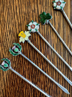 Sterling Enameled Flower Cocktail Picks