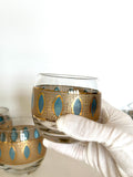 Culver Aqua Tiffany Roly Poly Glasses, Mid Century Glassware