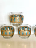 Culver Aqua Tiffany Roly Poly Glasses, Mid Century Glassware