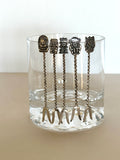 Silver Cocktail Picks, Inca Tiki Finials