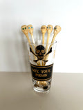 Georges Briard Mix Your Poison Glass, Skull Swizzle Sticks Set - Southern Vintage Wares