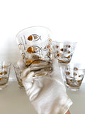 Vintage Atomic Fish Glasses, Set of 7, Mid Century Atomic Glasses