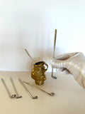 Vintage Golf Swizzle Sticks & Brass Golf Bag Holder Set (6 Swizzle Sticks, 1 Holder)