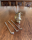 Vintage Golf Swizzle Sticks & Brass Golf Bag Holder Set (6 Swizzle Sticks, 1 Holder)