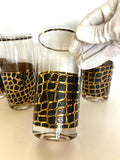 Vintage Snakeskin Glasses, Mid Century Gold Black Tumblers, MCM Snake Glasses