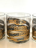 Georges Briard Snake Glasses, 1950s Gold Black Low Balls, Mid Century Glassware