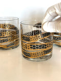 Georges Briard Snake Glasses, 1950s Gold Black Low Balls, Mid Century Glassware