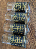 Vintage Snakeskin Glasses, Mid Century Gold Black Tumblers, MCM Snake Glasses