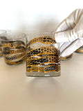 Georges Briard Snake Glasses, 1950s Gold Black Low Balls, Mid Century Glassware