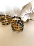 Georges Briard Snake Glasses, 1950s Gold Black Low Balls, Mid Century Glassware