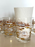 Vintage Atomic Fish Glasses | Gold White Pink Atomic Low Ball Set | Mid Century Glassware