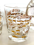Vintage Atomic Fish Glasses | Gold White Pink Atomic Low Ball Set | Mid Century Glassware