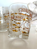 Vintage Atomic Fish Glasses | Gold White Pink Atomic Low Ball Set | Mid Century Glassware