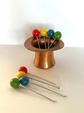 Retro Cocktail Picks Copper Top Hat Holder, Multi-Colored Ball Finials