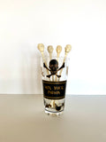 Georges Briard "Mix Your Poison" Mixing Glass, Skull Swizzle Sticks - Southern Vintage Wares