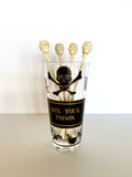 Georges Briard "Mix Your Poison" Mixing Glass, Skull Swizzle Sticks - Southern Vintage Wares
