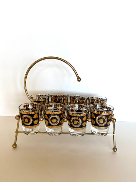 Mid Century Drinking Glasses in Caddy/ Set of 8 Signed Black and