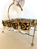 Mid Century Shot Glasses Caddy (8), MCM Gold Shot Glasses Caddy Set