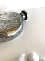Early 1900s Art Deco Flask by Meriden (collapsible shot glass screw cap), Etched Quail Birds Trees Scene