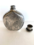 Early 1900s Art Deco Flask by Meriden (collapsible shot glass screw cap), Etched Quail Birds Trees Scene