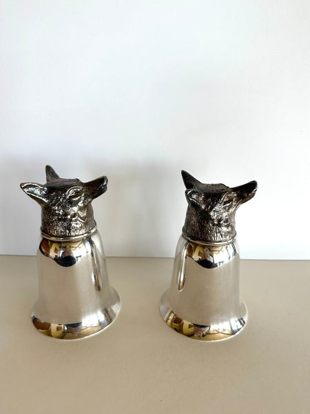Vintage Silver-Plated Fox Stirrup Cups by PM Italy, Pair of Fox Stirrup Cups