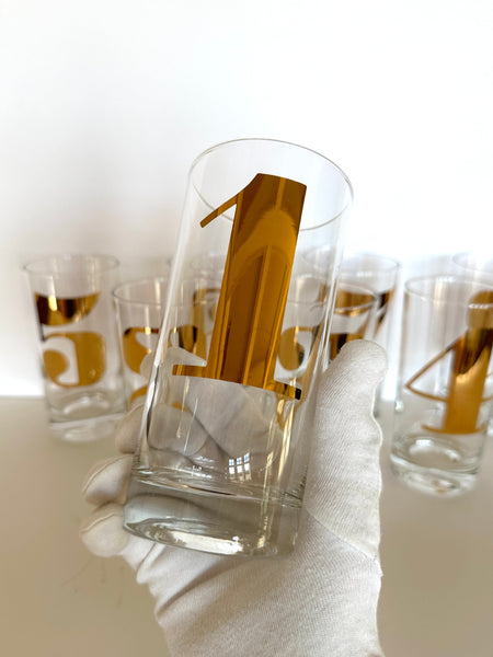 Mid Century Modern Glassware With Embossed Chinese Symbols in Gold - Set of  8