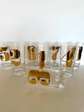 Mid Century Gold Numbered Glasses (1-8), New Old Stock