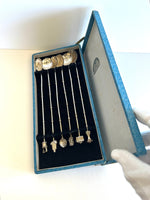 Sterling Silver Cocktail Spoons (in original case), Asian Finials Silver Bar Spoons